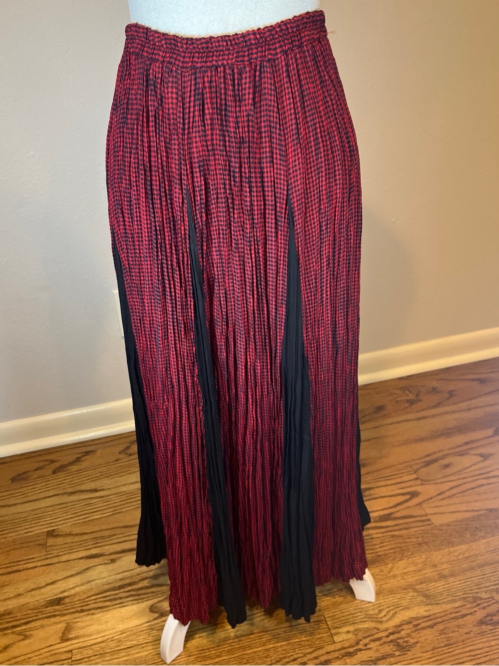 Vtg 90s Cactus Flower Crinkle Maxi Skirt Gingham Red Black Check USA Made S/M
